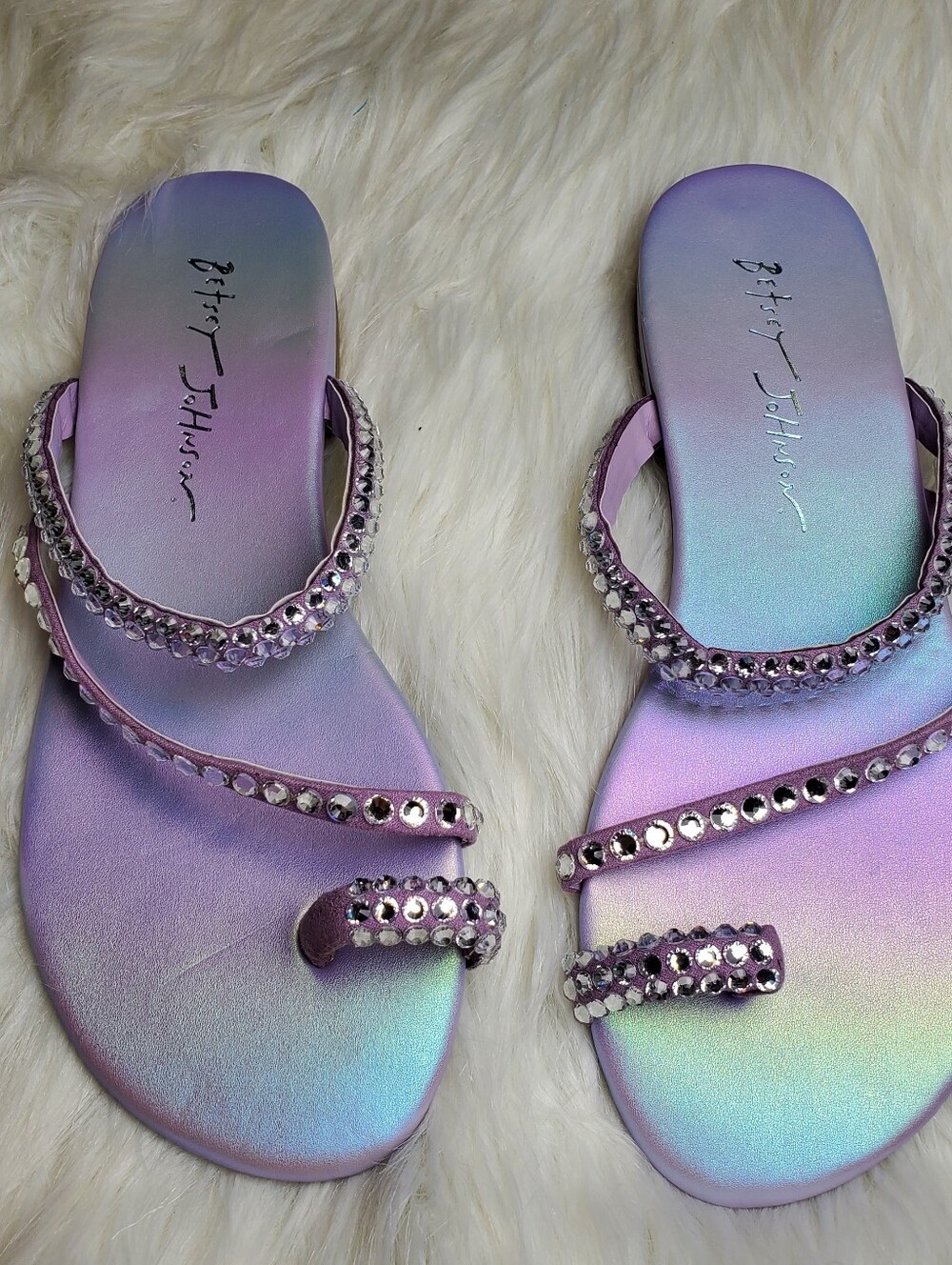 Betsey Johnson Iridescent Crystal-Embellished Lavender Slide Sandals